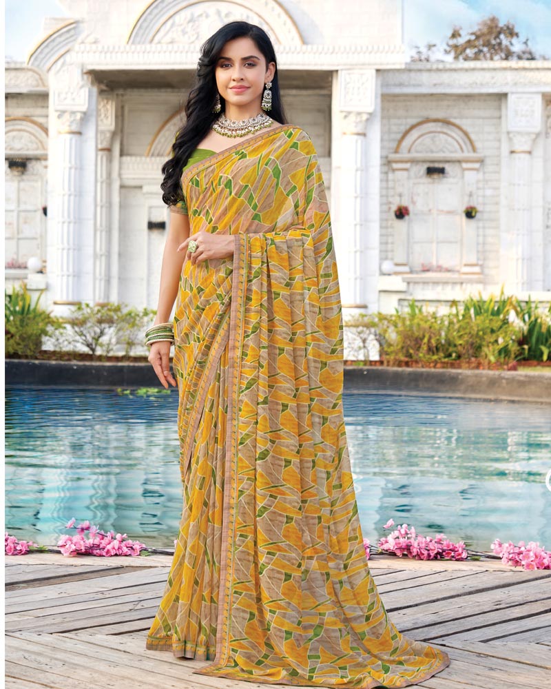 Vishal Prints Light Mustard Yellow Printed Georgette Saree With Fancy Border