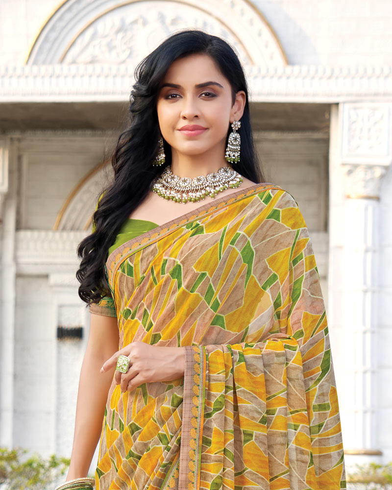 Vishal Prints Light Mustard Yellow Printed Georgette Saree With Fancy Border