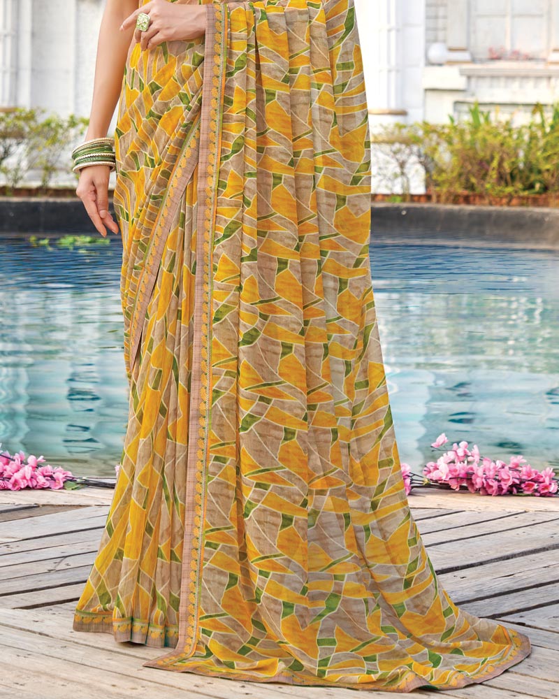 Vishal Prints Light Mustard Yellow Printed Georgette Saree With Fancy Border