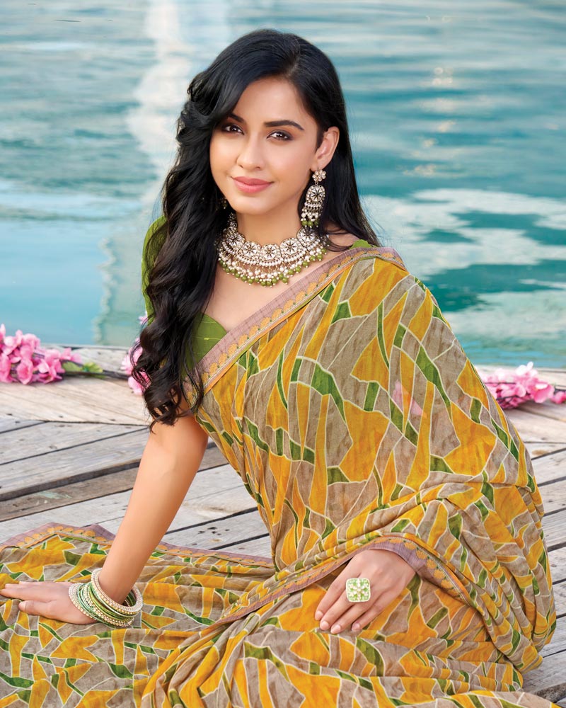 Vishal Prints Light Mustard Yellow Printed Georgette Saree With Fancy Border