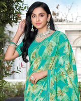 Vishal Prints Bright Green Printed Georgette Saree With Fancy Border