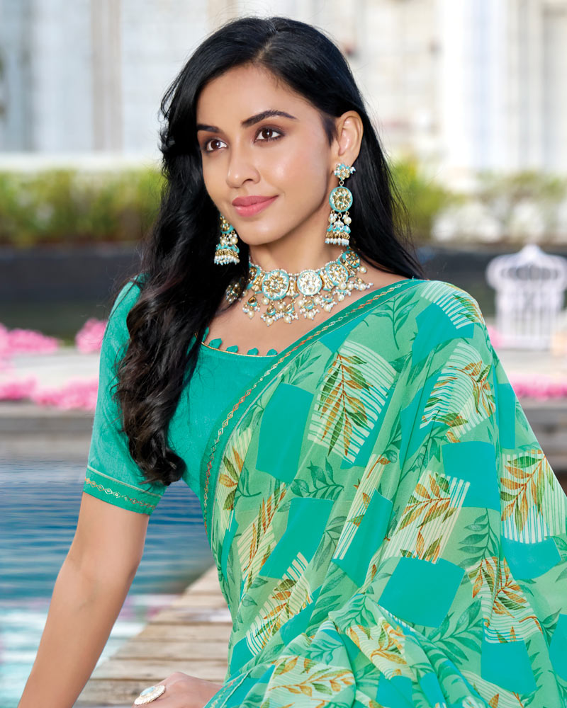 Vishal Prints Bright Green Printed Georgette Saree With Fancy Border