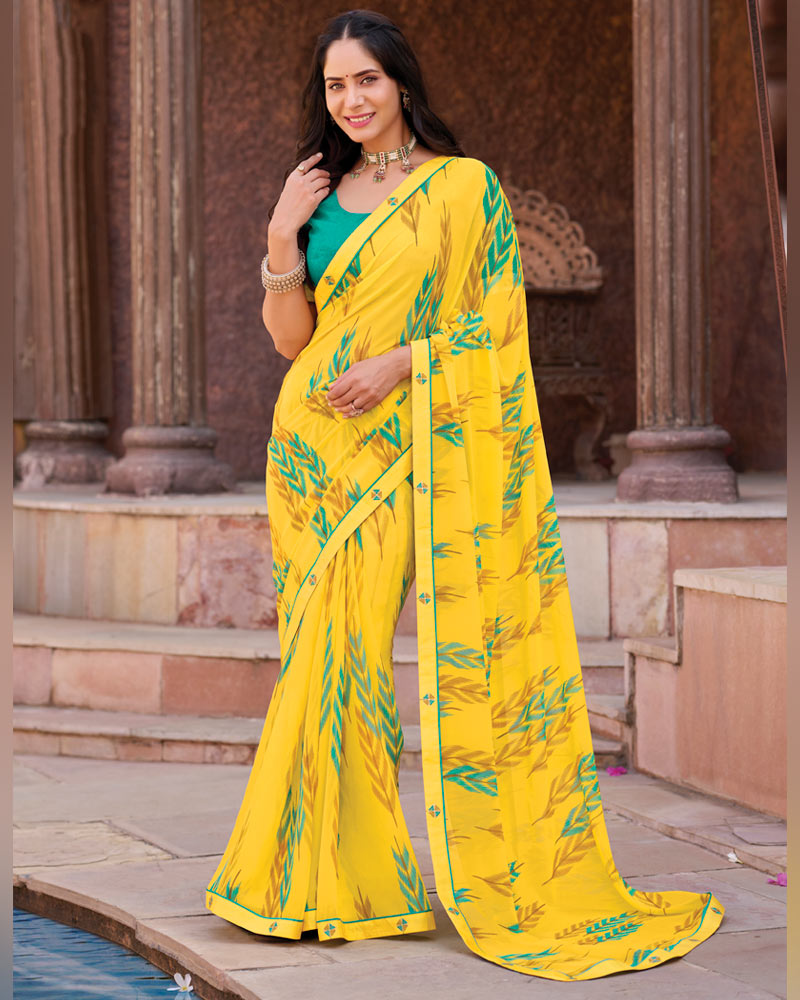 Vishal Prints Bright Yellow Printed Georgette Saree With Fancy Border