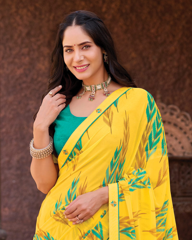 Vishal Prints Bright Yellow Printed Georgette Saree With Fancy Border