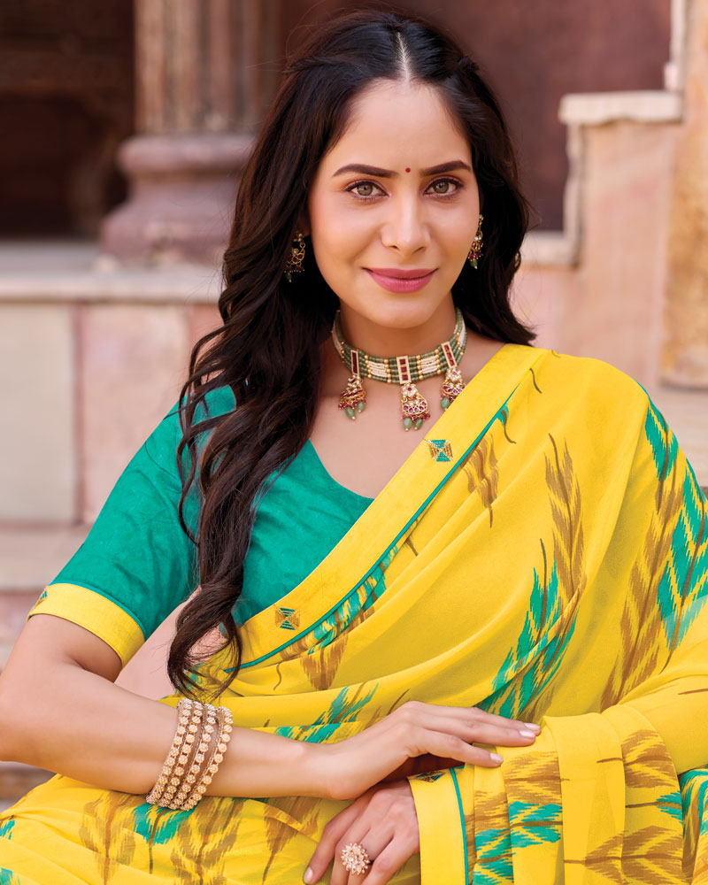 Vishal Prints Bright Yellow Printed Georgette Saree With Fancy Border