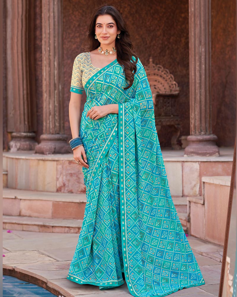 Vishal Prints Sky Blue Printed Georgette Saree With Fancy Border