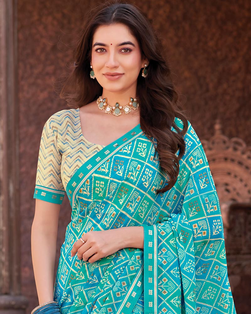Vishal Prints Sky Blue Printed Georgette Saree With Fancy Border