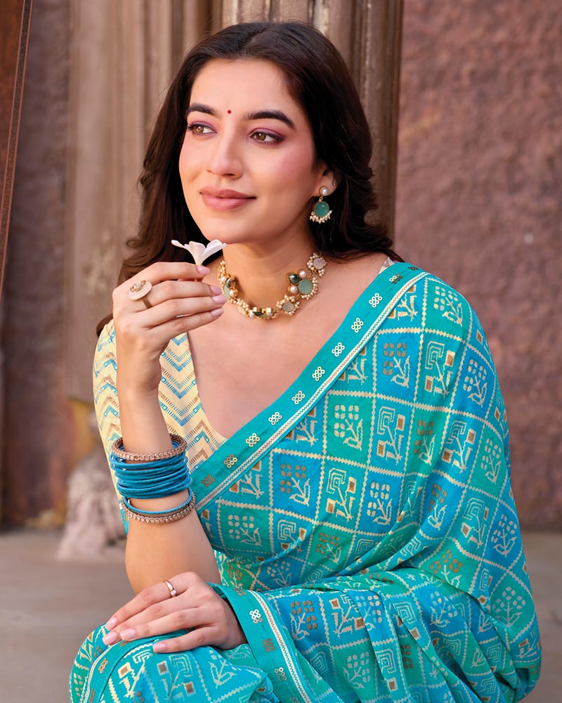 Vishal Prints Sky Blue Printed Georgette Saree With Fancy Border
