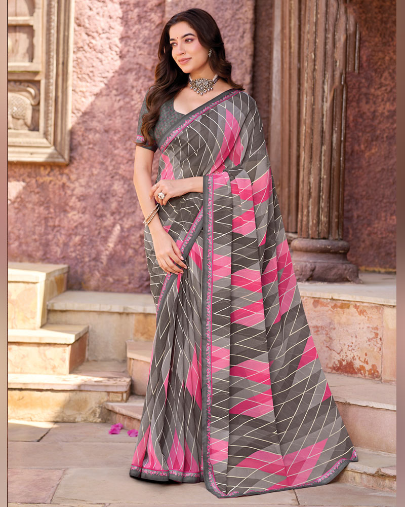 Vishal Prints Slate Grey Printed Georgette Saree With Fancy Border