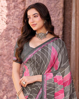 Vishal Prints Slate Grey Printed Georgette Saree With Fancy Border