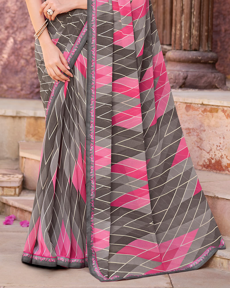 Vishal Prints Slate Grey Printed Georgette Saree With Fancy Border