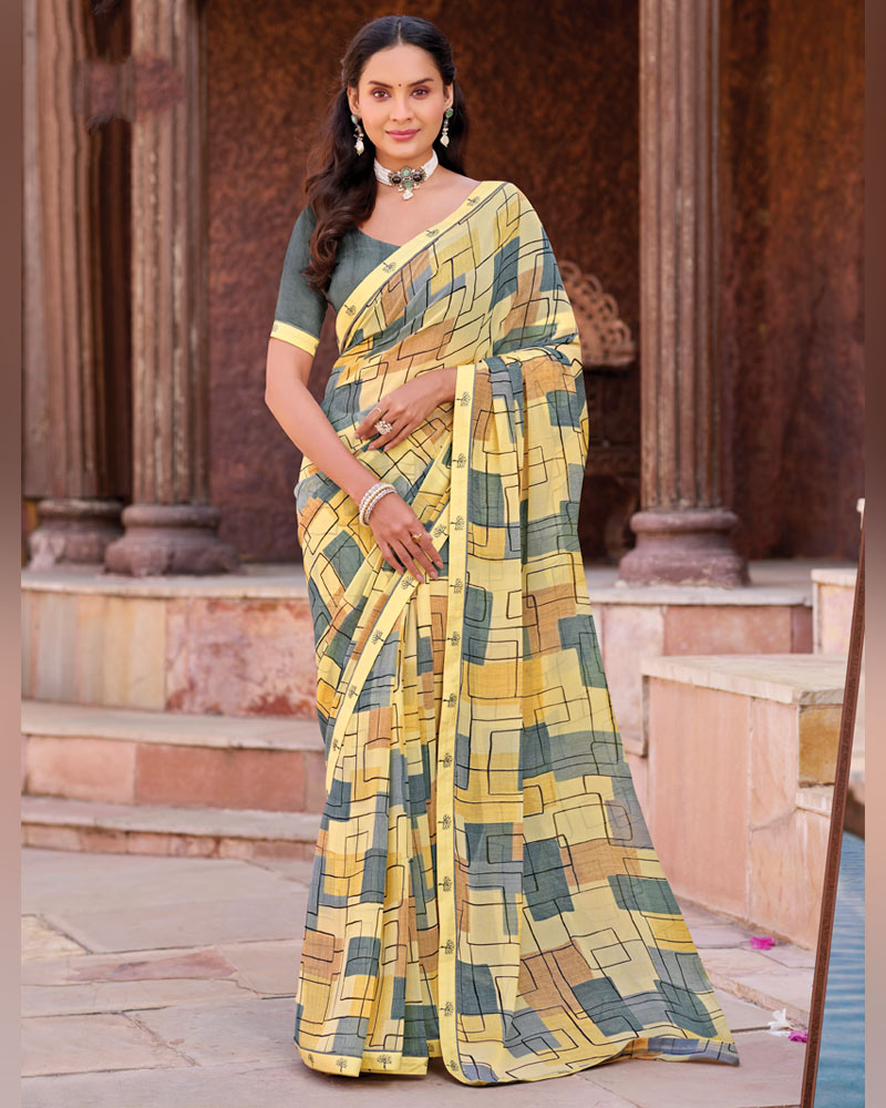 Vishal Prints Pale Yellow Printed Georgette Saree With Fancy Border