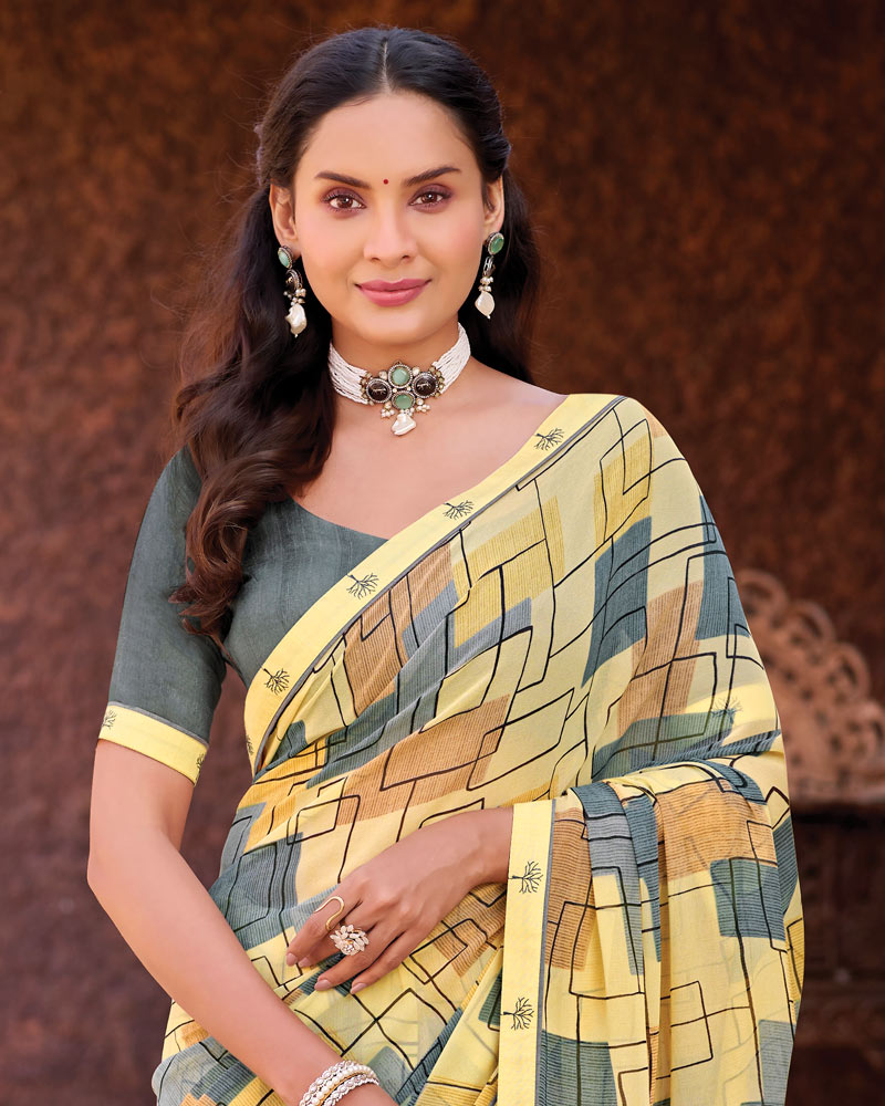 Vishal Prints Pale Yellow Printed Georgette Saree With Fancy Border