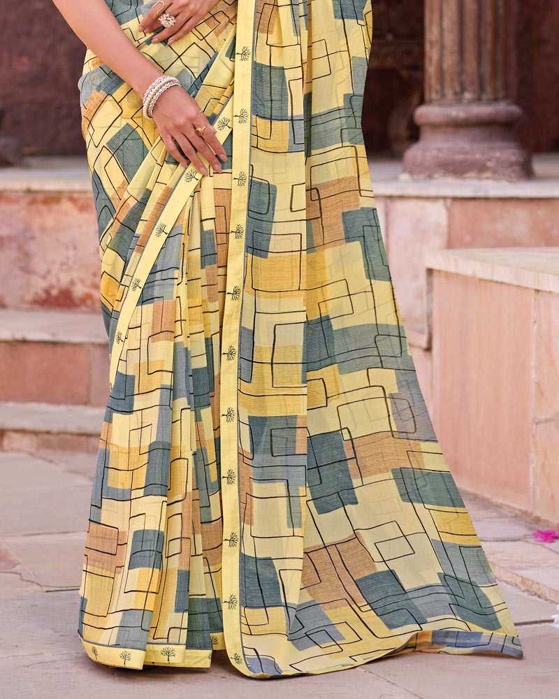 Vishal Prints Pale Yellow Printed Georgette Saree With Fancy Border