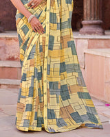 Vishal Prints Pale Yellow Printed Georgette Saree With Fancy Border