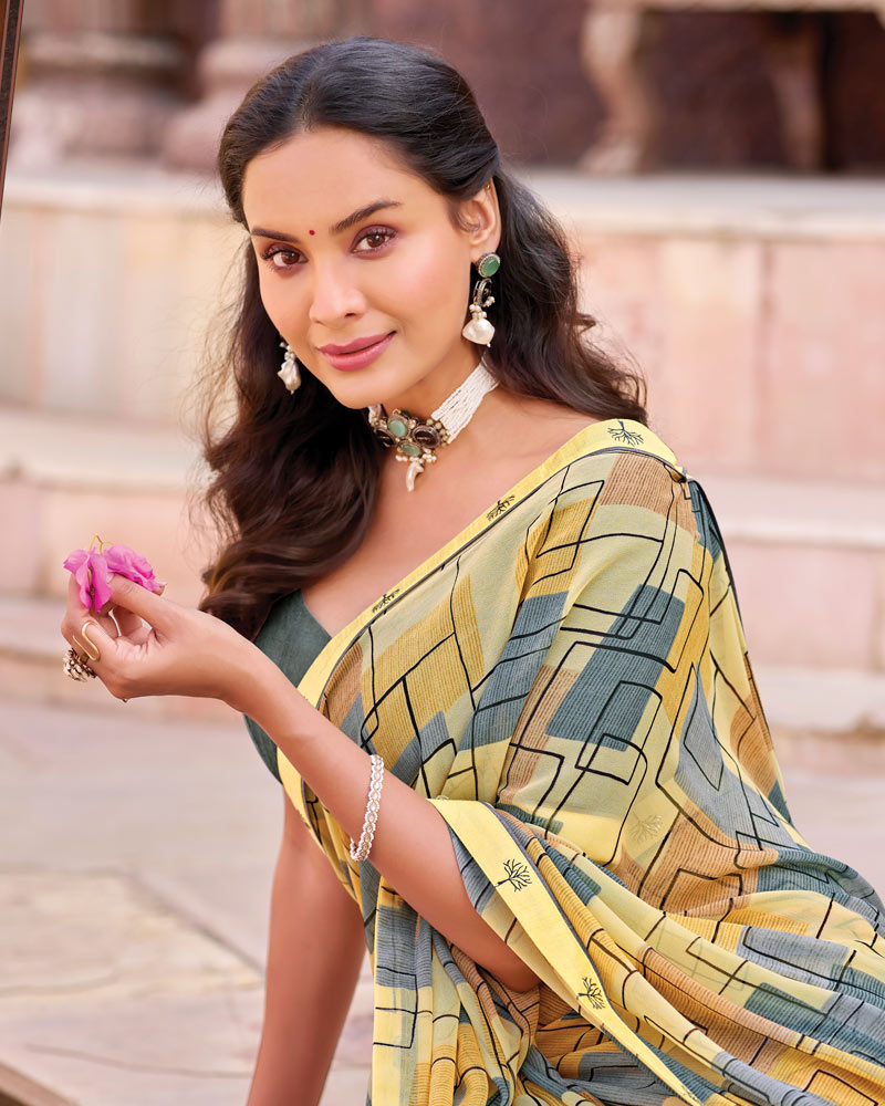 Vishal Prints Pale Yellow Printed Georgette Saree With Fancy Border