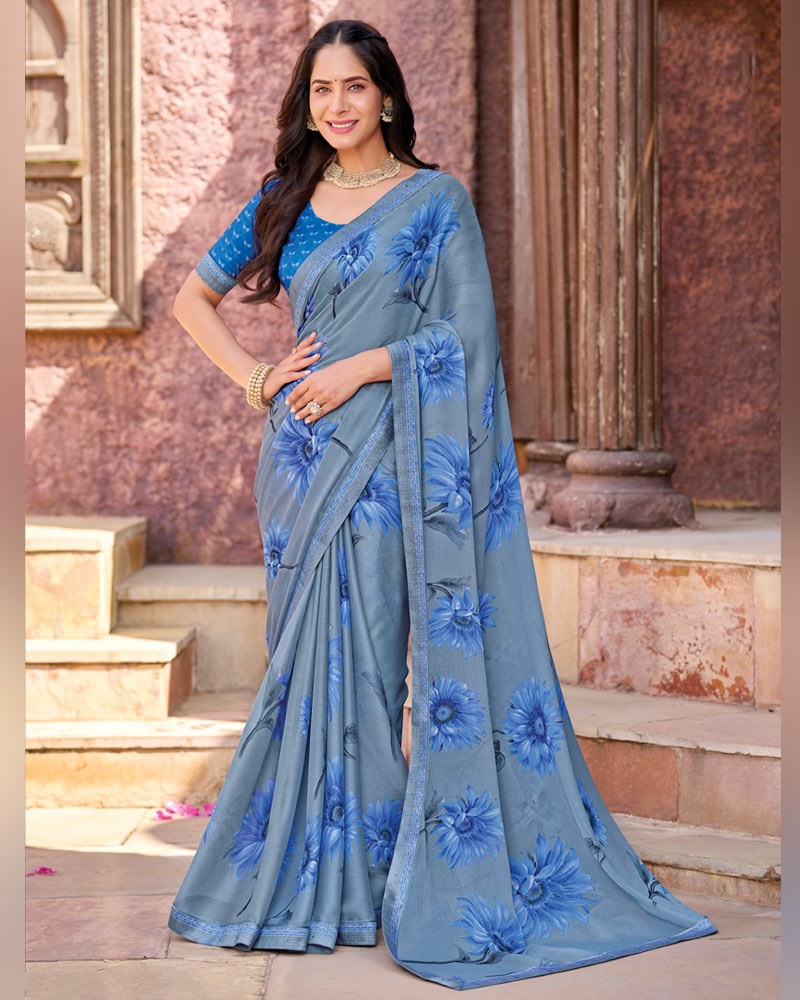 Vishal Prints Electric Blue Printed Georgette Saree With Fancy Border
