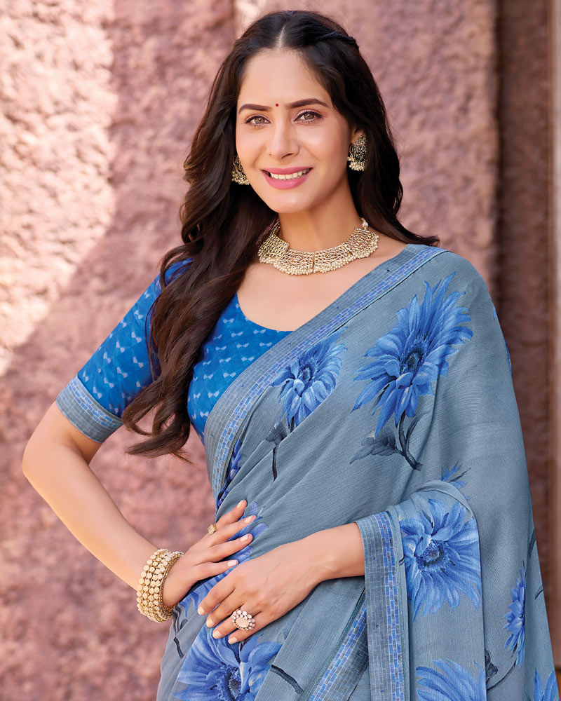 Vishal Prints Electric Blue Printed Georgette Saree With Fancy Border