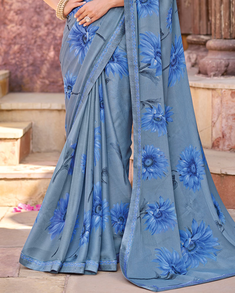 Vishal Prints Electric Blue Printed Georgette Saree With Fancy Border