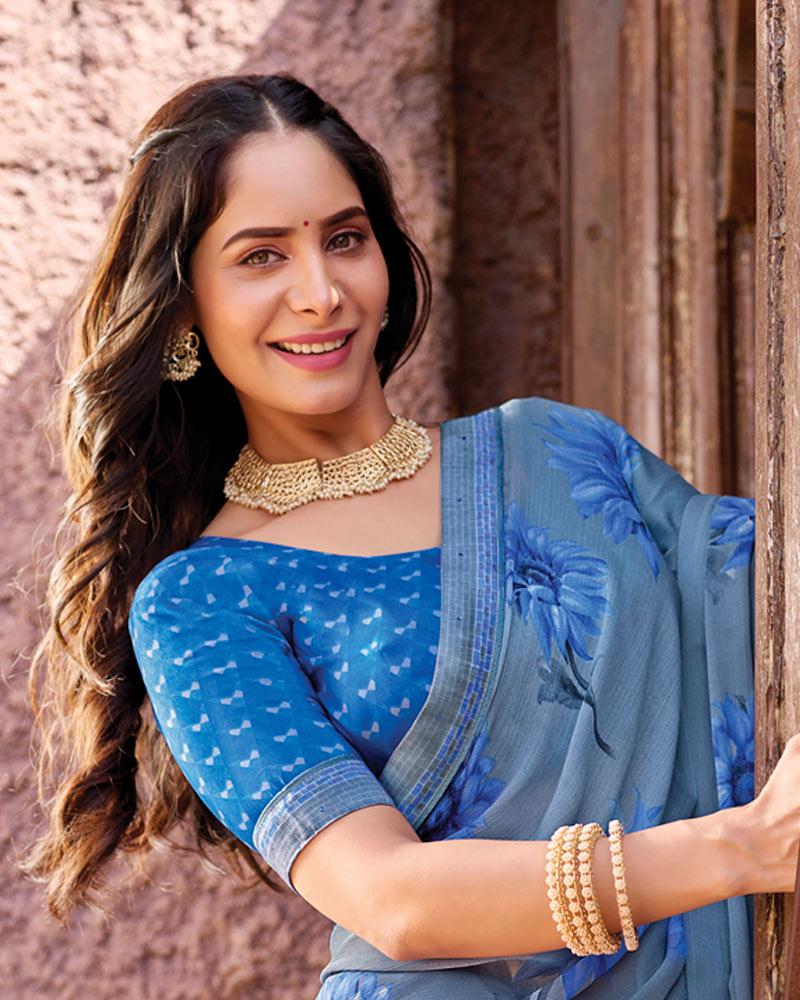 Vishal Prints Electric Blue Printed Georgette Saree With Fancy Border