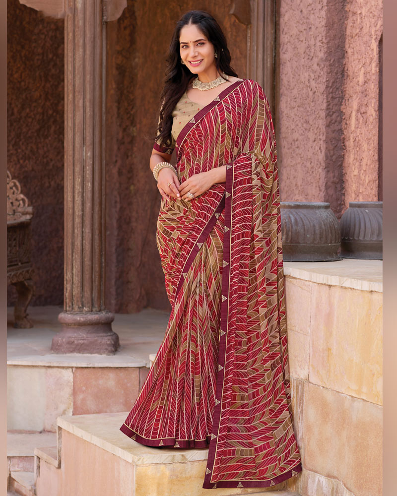 Vishal Prints Beige Red Printed Georgette Saree With Fancy Border