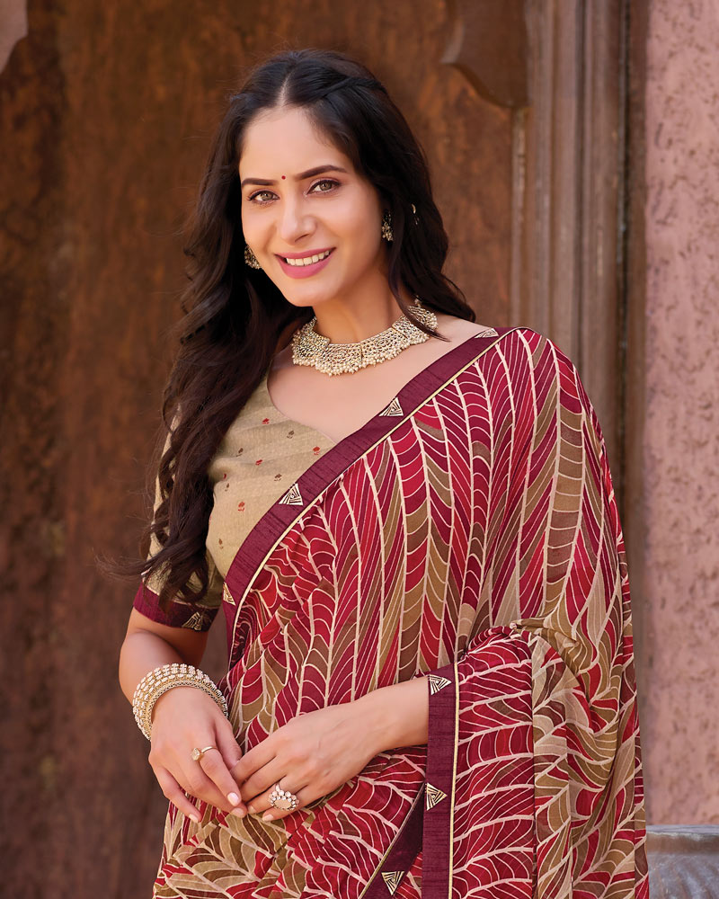 Vishal Prints Beige Red Printed Georgette Saree With Fancy Border