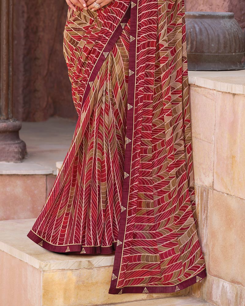 Vishal Prints Beige Red Printed Georgette Saree With Fancy Border