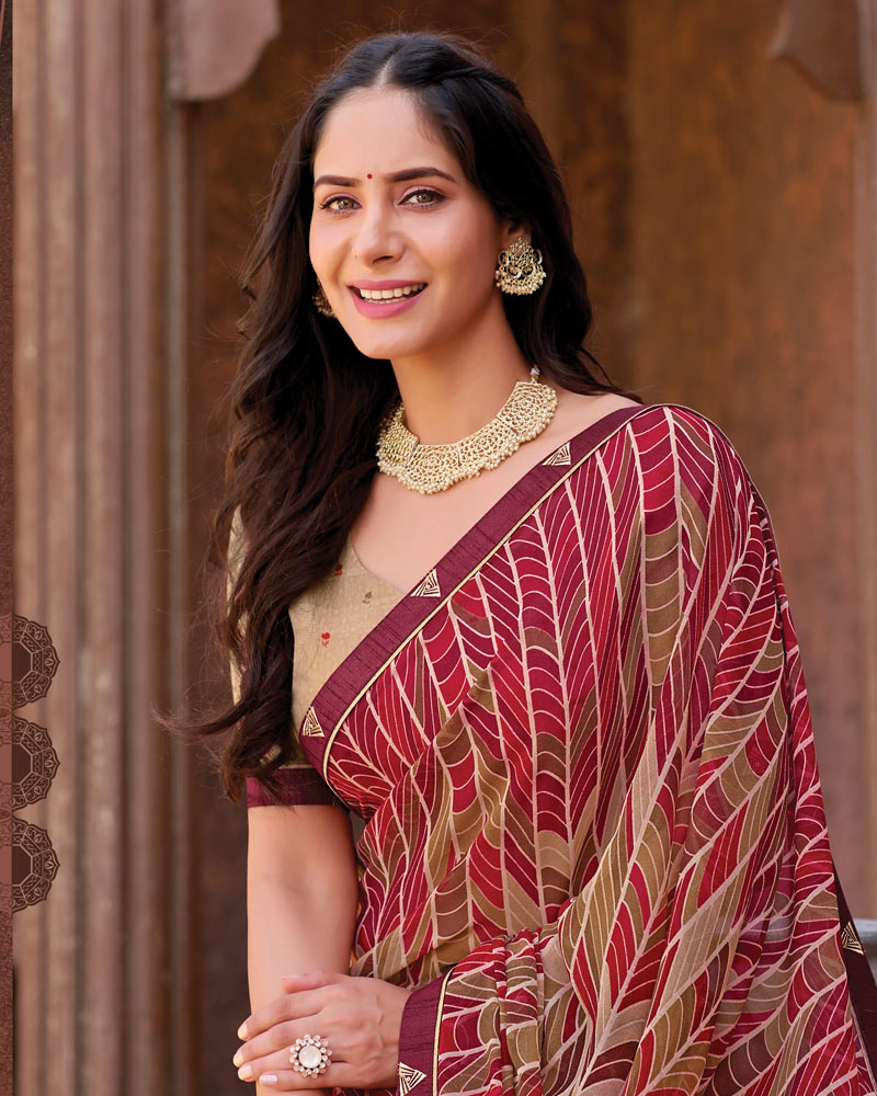 Vishal Prints Beige Red Printed Georgette Saree With Fancy Border
