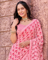 Vishal Prints Baby Pink Printed Georgette Saree With Fancy Border