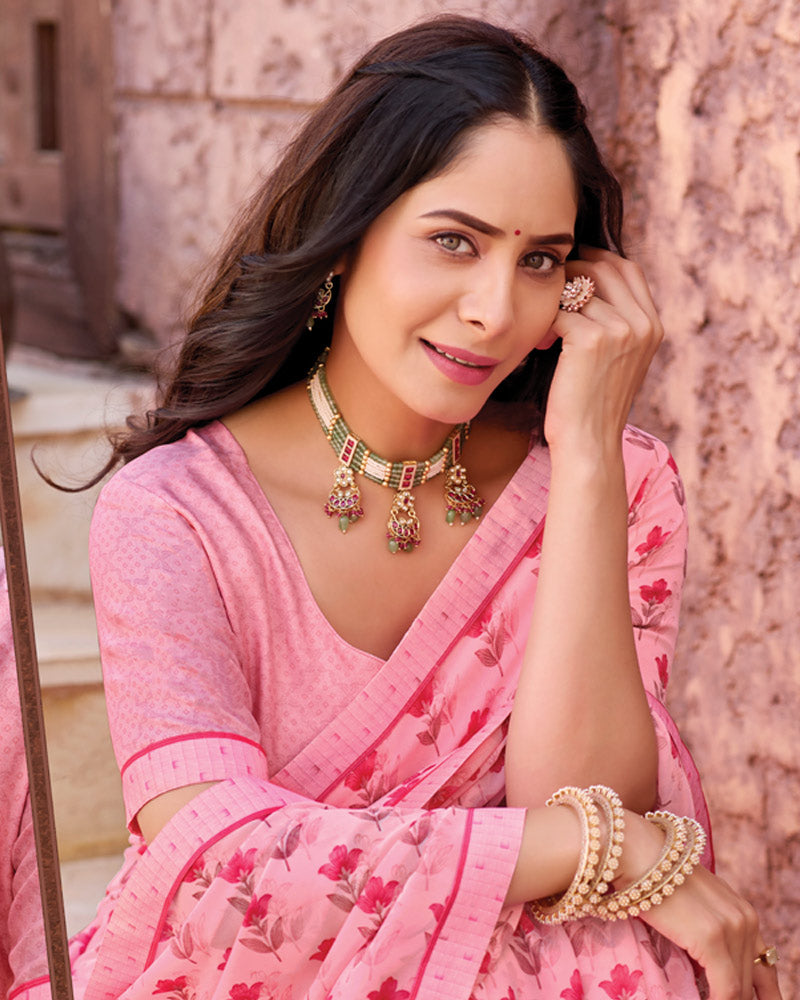 Vishal Prints Baby Pink Printed Georgette Saree With Fancy Border