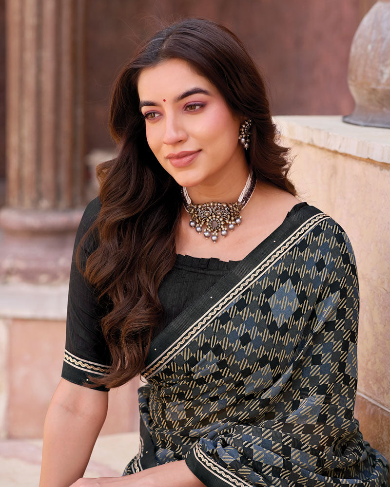 Vishal Prints Black Printed Georgette Saree With Fancy Border