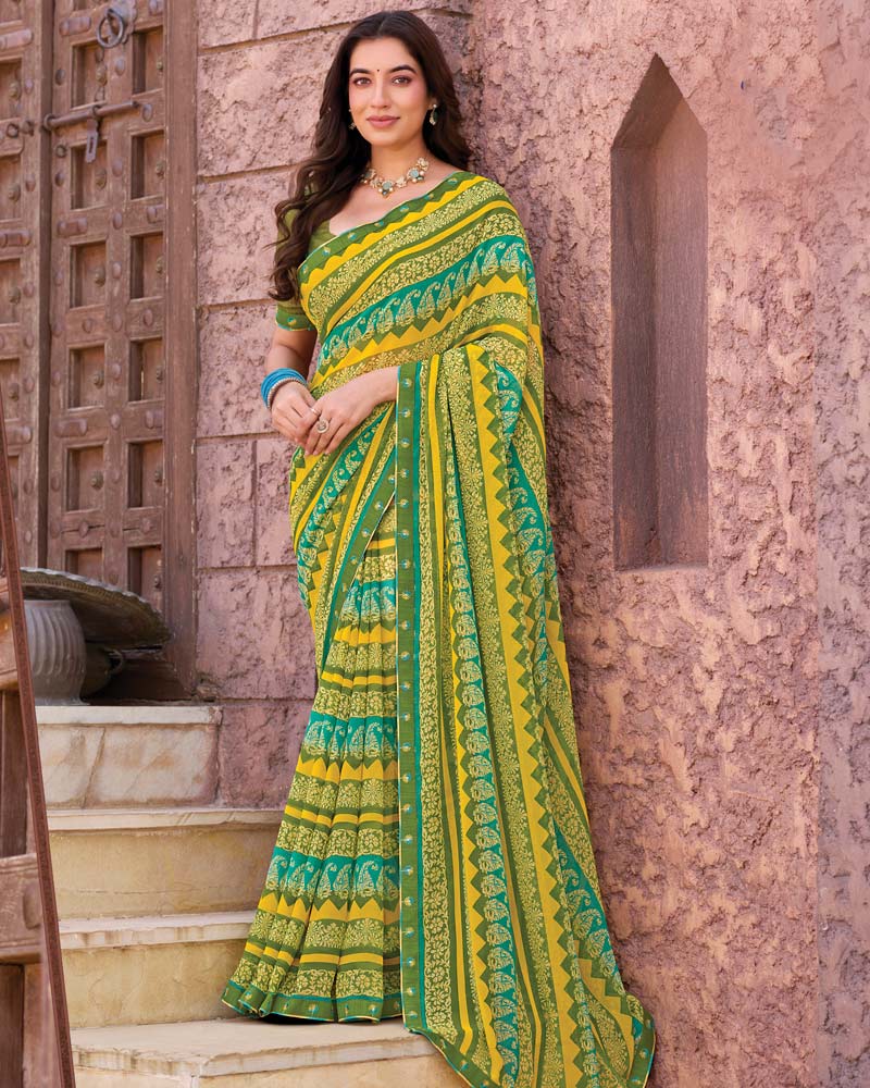 Vishal Prints Green Printed Georgette Saree With Fancy Border