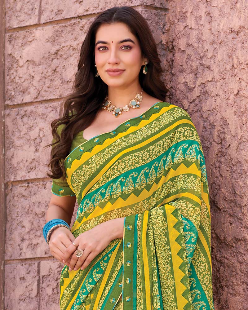 Vishal Prints Green Printed Georgette Saree With Fancy Border