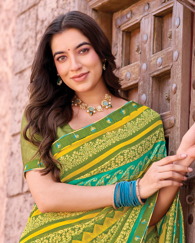 Vishal Prints Green Printed Georgette Saree With Fancy Border