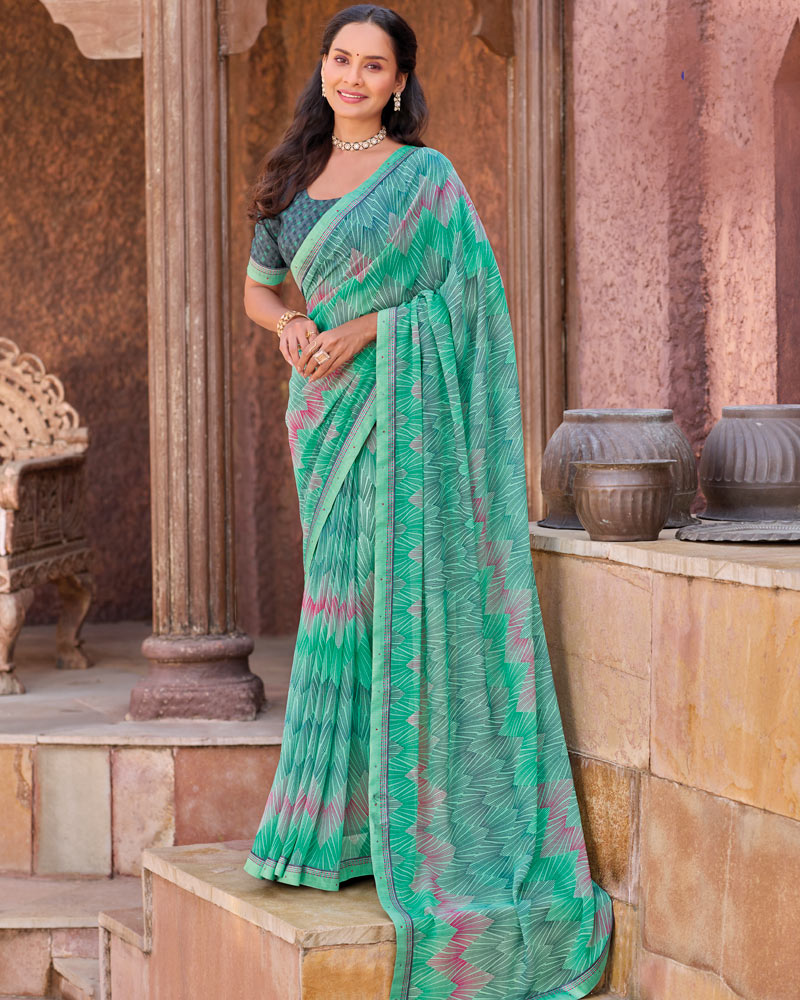 Vishal Prints Teal Green Printed Georgette Saree With Fancy Border