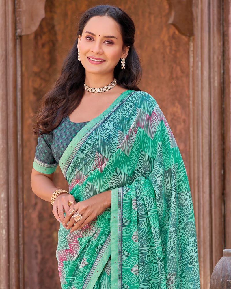 Vishal Prints Teal Green Printed Georgette Saree With Fancy Border