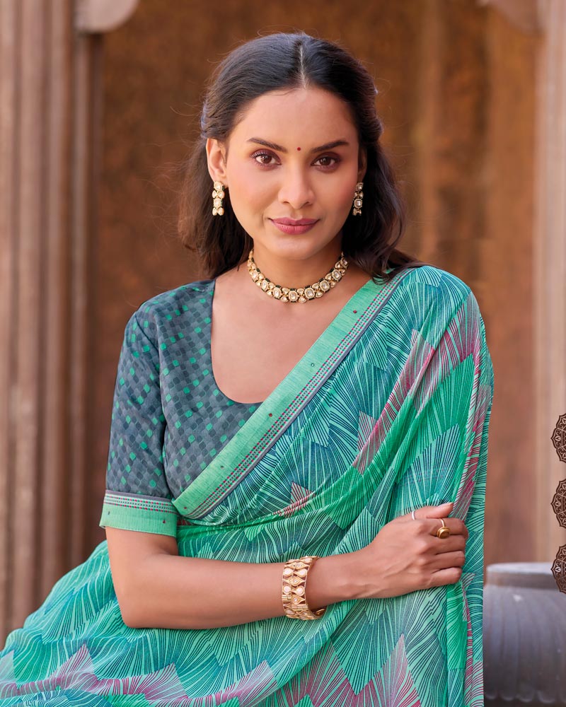Vishal Prints Teal Green Printed Georgette Saree With Fancy Border