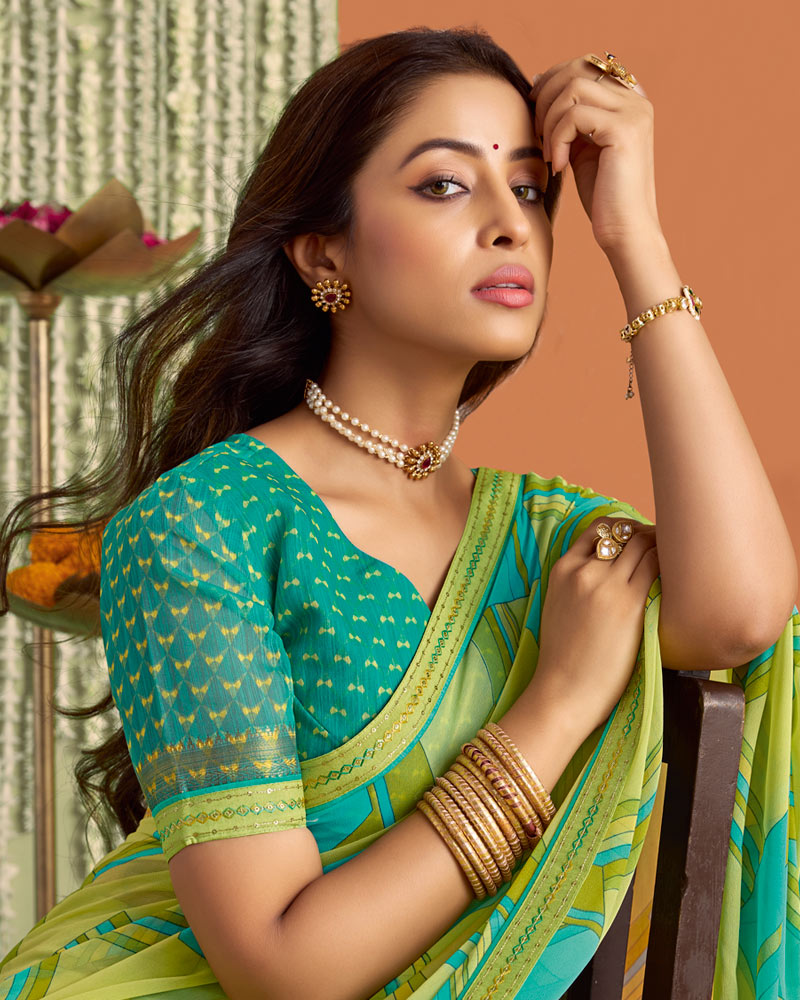 Vishal Prints Light Green Printed Georgette Saree With Fancy Border