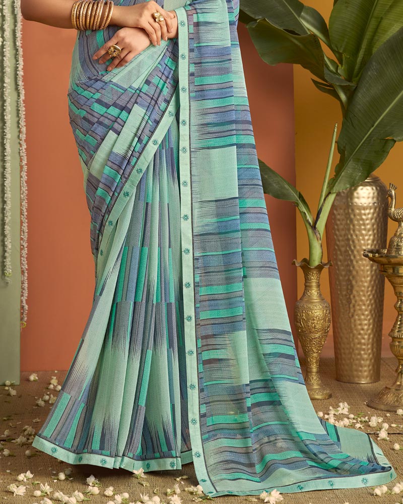 Vishal Prints Light Sea Green Printed Georgette Saree With Fancy Border