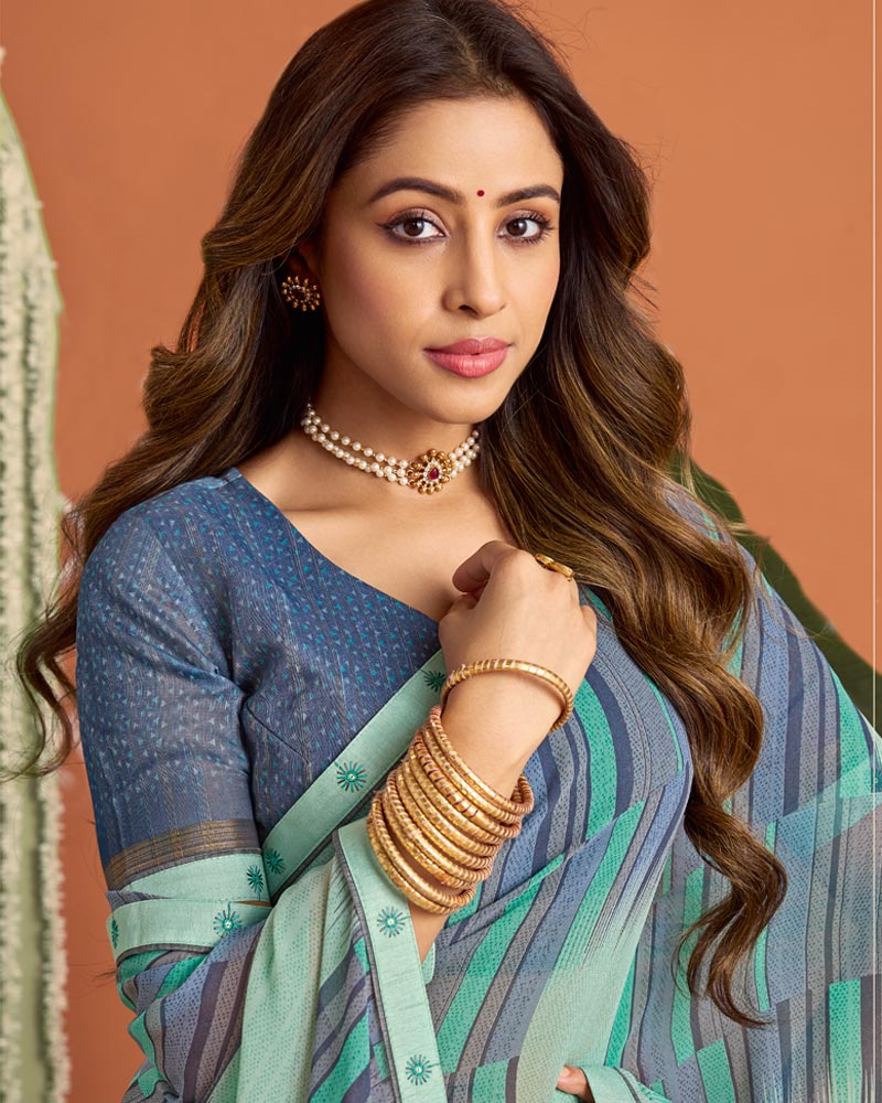 Vishal Prints Light Sea Green Printed Georgette Saree With Fancy Border