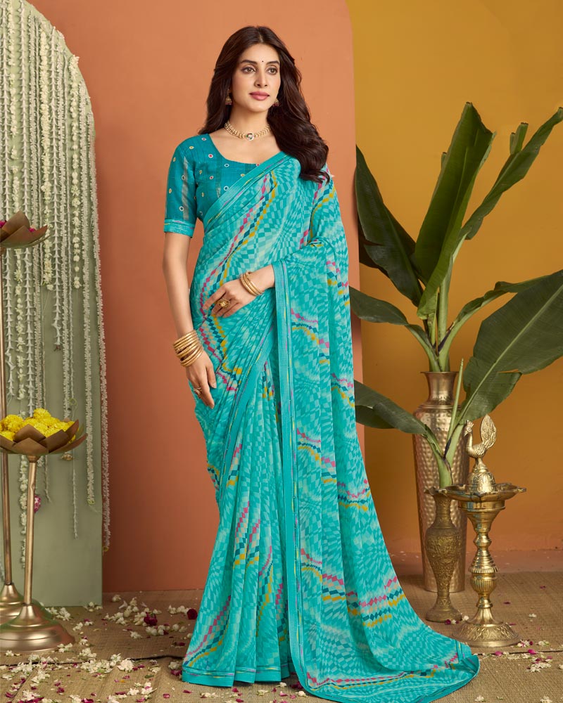 Vishal Prints Deep Sky Blue Printed Georgette Saree With Fancy Border
