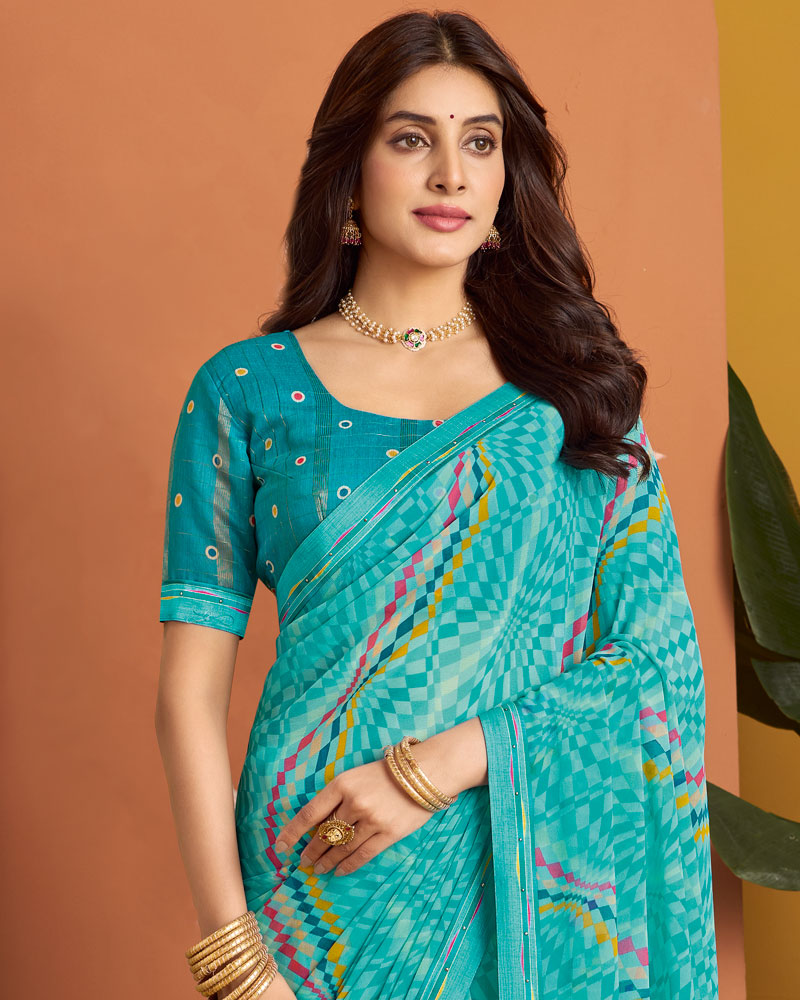 Vishal Prints Deep Sky Blue Printed Georgette Saree With Fancy Border