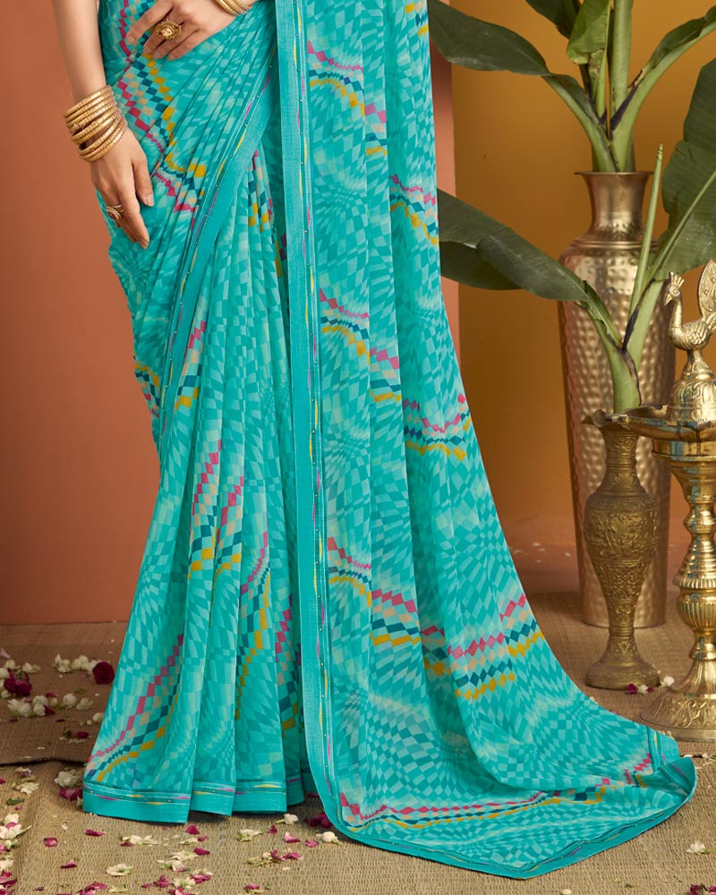 Vishal Prints Deep Sky Blue Printed Georgette Saree With Fancy Border