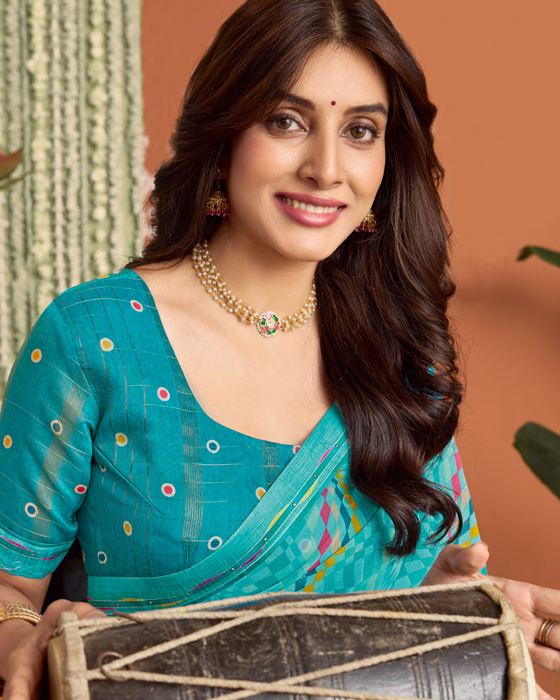 Vishal Prints Deep Sky Blue Printed Georgette Saree With Fancy Border