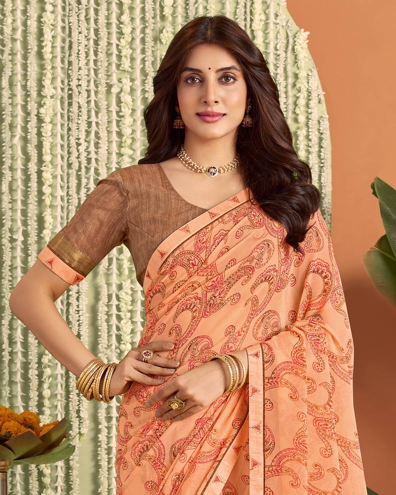 Vishal Prints Pale Orange Printed Georgette Saree With Fancy Border