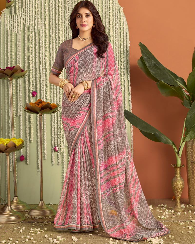 Vishal Prints Dusty Brown Pink Printed Georgette Saree With Fancy Border