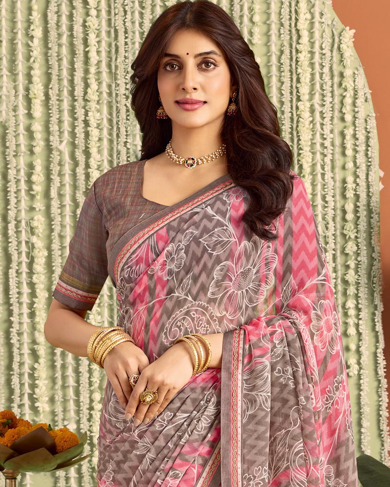 Vishal Prints Dusty Brown Pink Printed Georgette Saree With Fancy Border