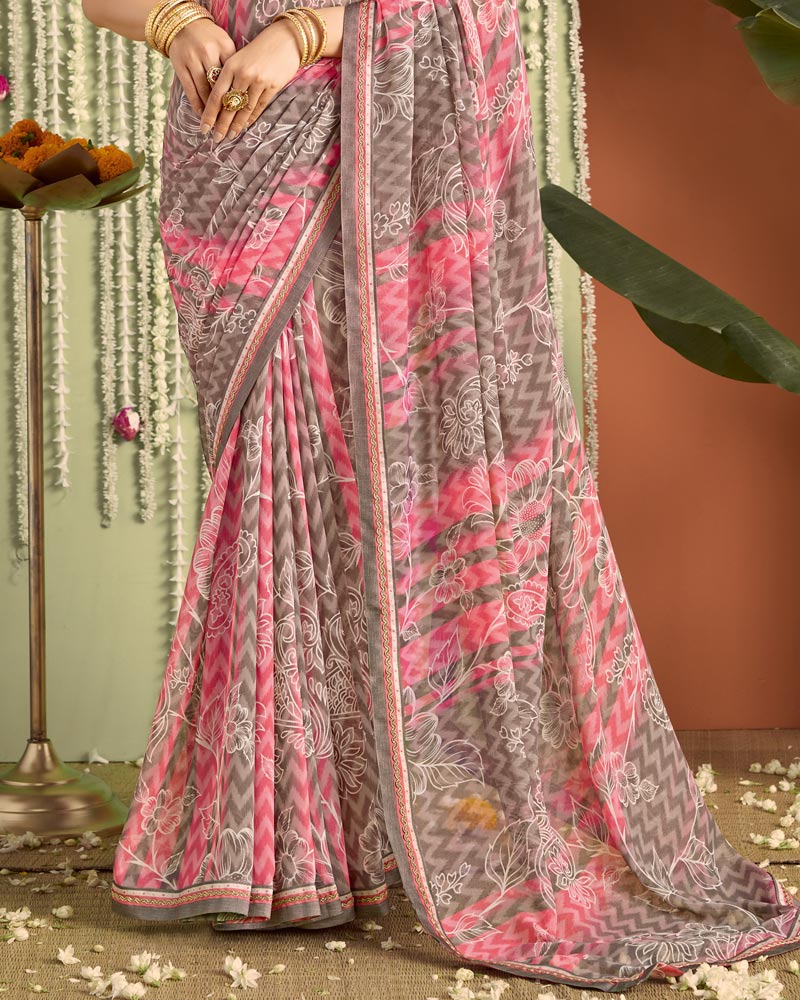 Vishal Prints Dusty Brown Pink Printed Georgette Saree With Fancy Border