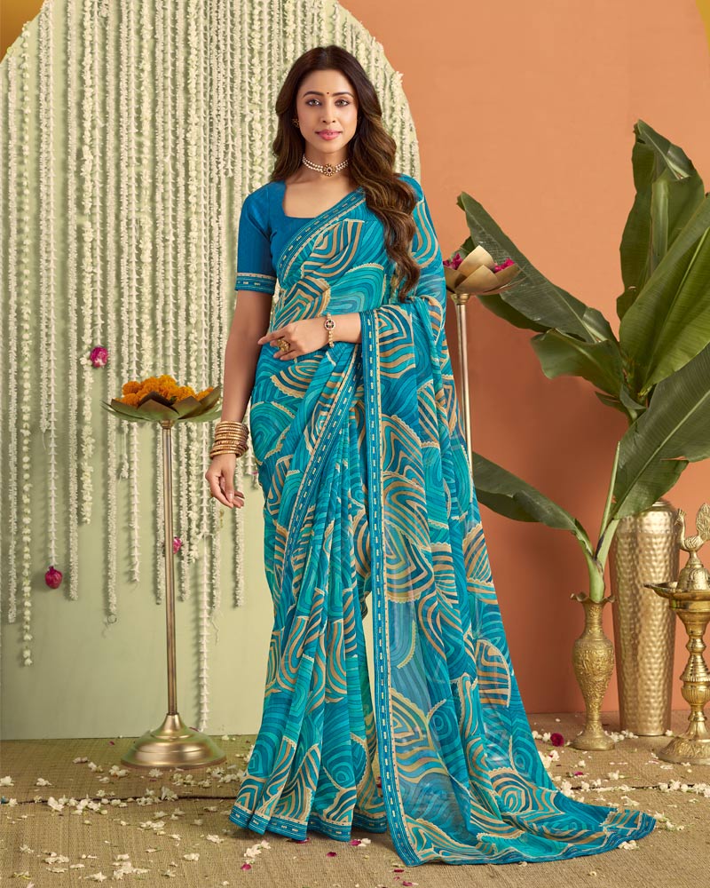 Vishal Prints Blue Printed Georgette Saree With Fancy Border