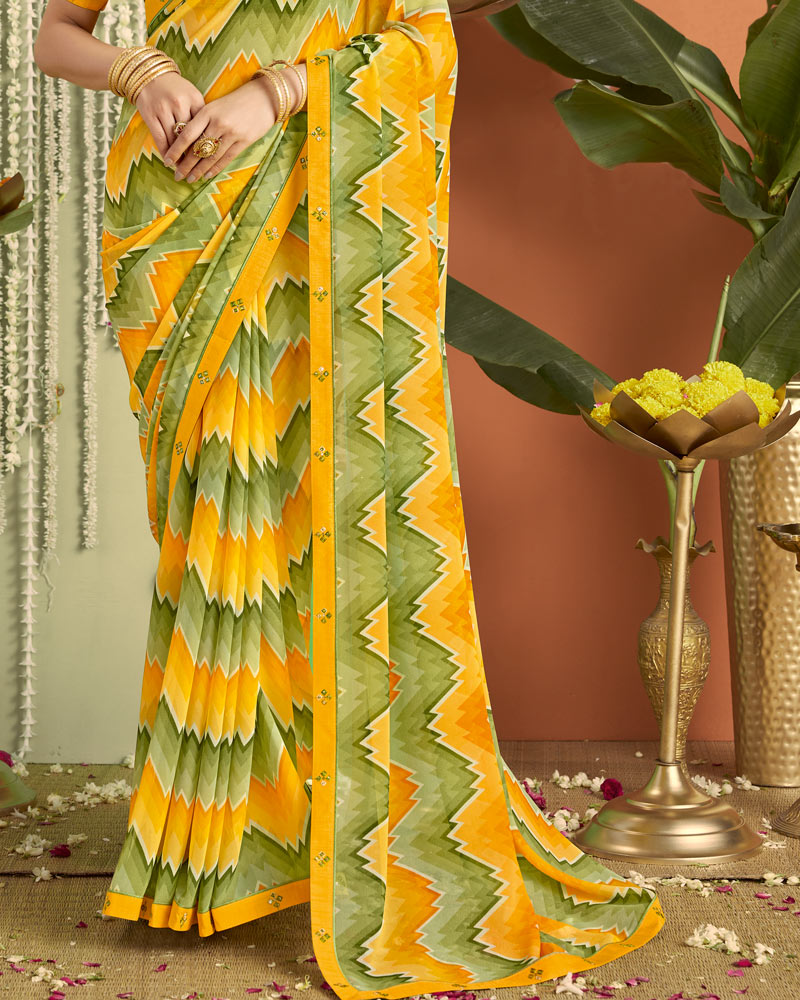 Vishal Prints Yellow Green Printed Georgette Saree With Fancy Border